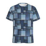 Blue Denim Patchwork Pattern Print Men's Sports T-Shirt