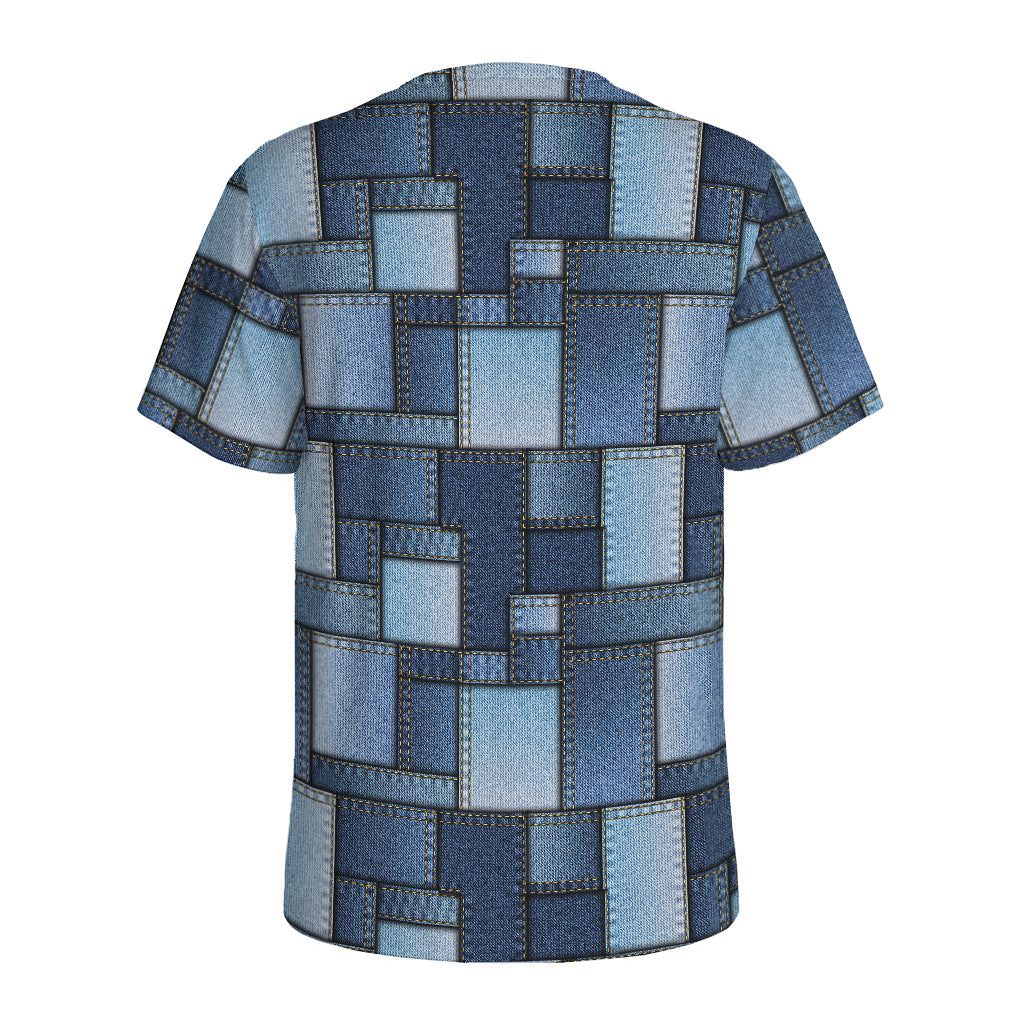 Blue Denim Patchwork Pattern Print Men's Sports T-Shirt