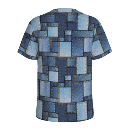 Blue Denim Patchwork Pattern Print Men's Sports T-Shirt