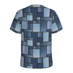 Blue Denim Patchwork Pattern Print Men's Sports T-Shirt