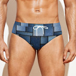 Blue Denim Patchwork Pattern Print Men's Swim Briefs