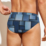 Blue Denim Patchwork Pattern Print Men's Swim Briefs