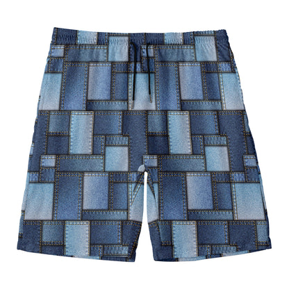 Blue Denim Patchwork Pattern Print Men's Swim Trunks