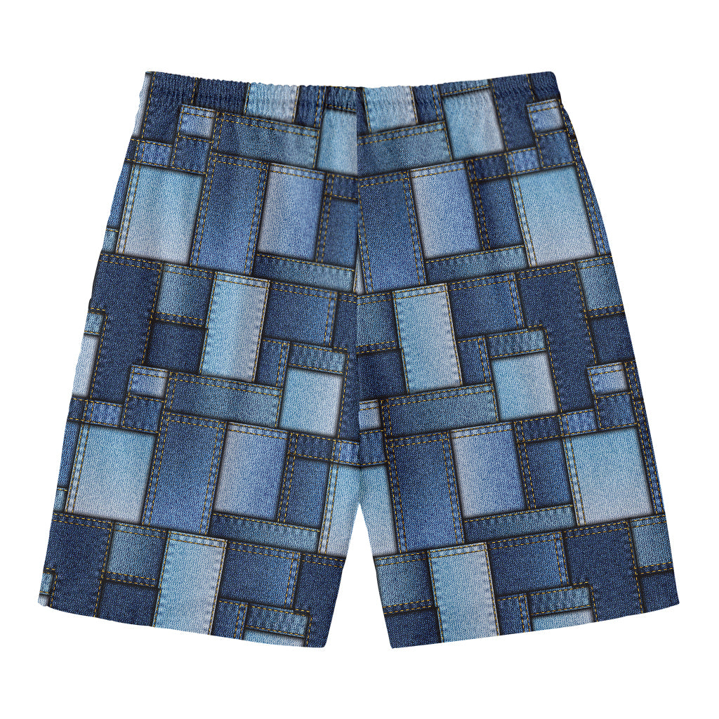 Blue Denim Patchwork Pattern Print Men's Swim Trunks