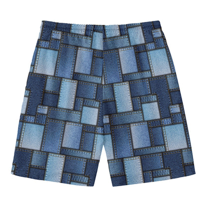 Blue Denim Patchwork Pattern Print Men's Swim Trunks