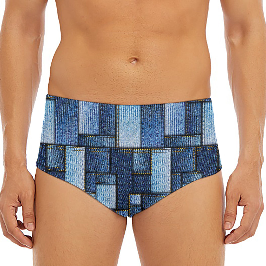 Blue Denim Patchwork Pattern Print Men's Triangle Swim Briefs
