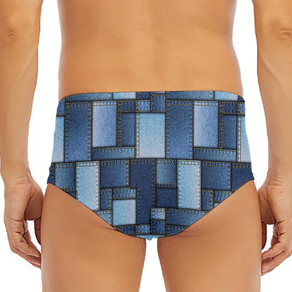 Blue Denim Patchwork Pattern Print Men's Triangle Swim Briefs