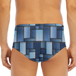 Blue Denim Patchwork Pattern Print Men's Triangle Swim Briefs
