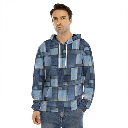Blue Denim Patchwork Pattern Print Men's Velvet Pullover Hoodie