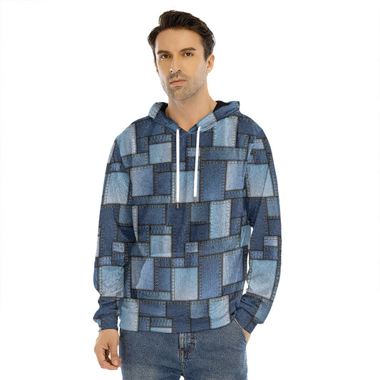 Blue Denim Patchwork Pattern Print Men's Velvet Pullover Hoodie