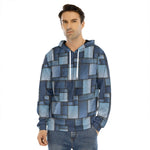 Blue Denim Patchwork Pattern Print Men's Velvet Pullover Hoodie
