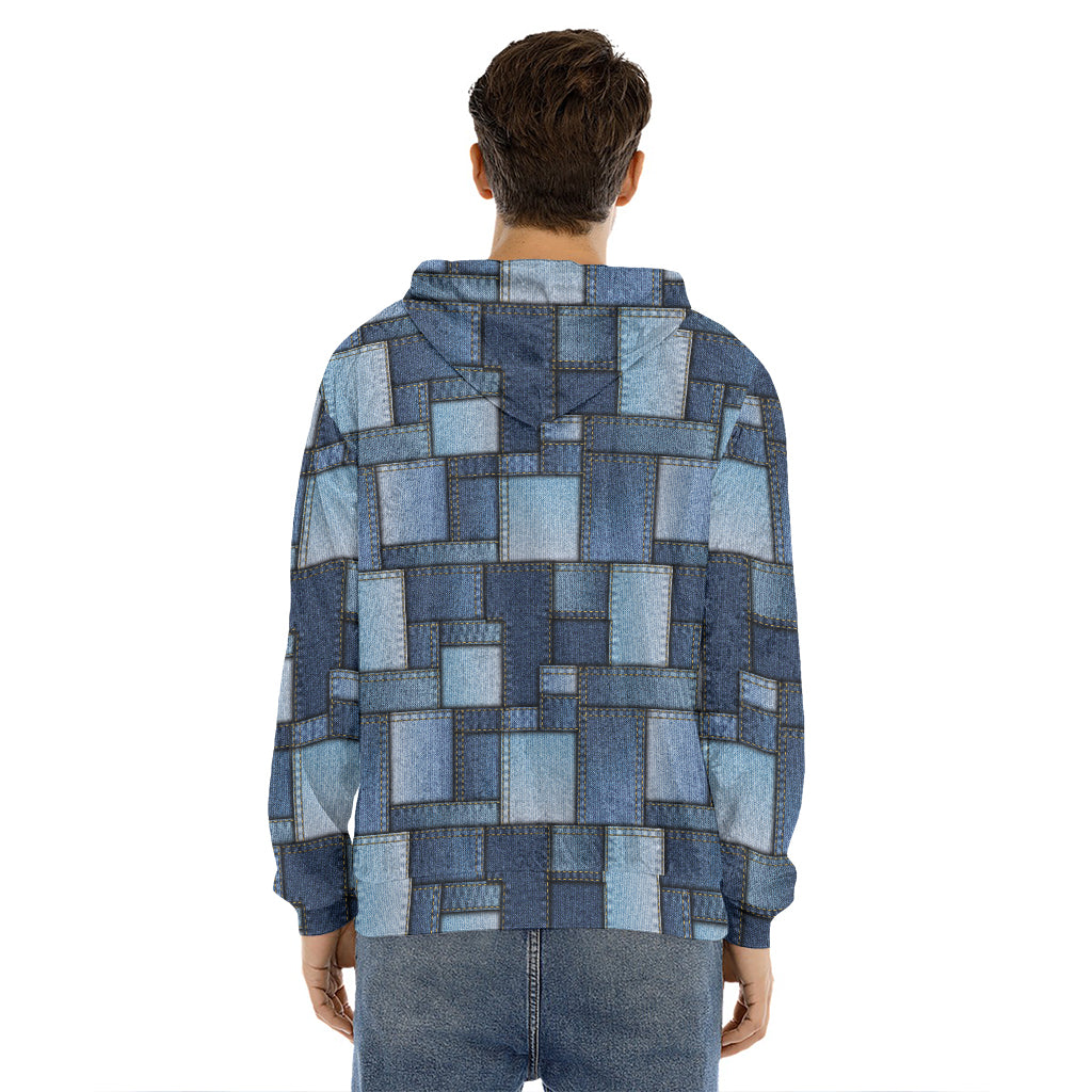 Blue Denim Patchwork Pattern Print Men's Velvet Pullover Hoodie