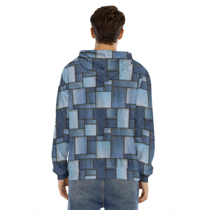 Blue Denim Patchwork Pattern Print Men's Velvet Pullover Hoodie