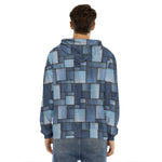 Blue Denim Patchwork Pattern Print Men's Velvet Pullover Hoodie