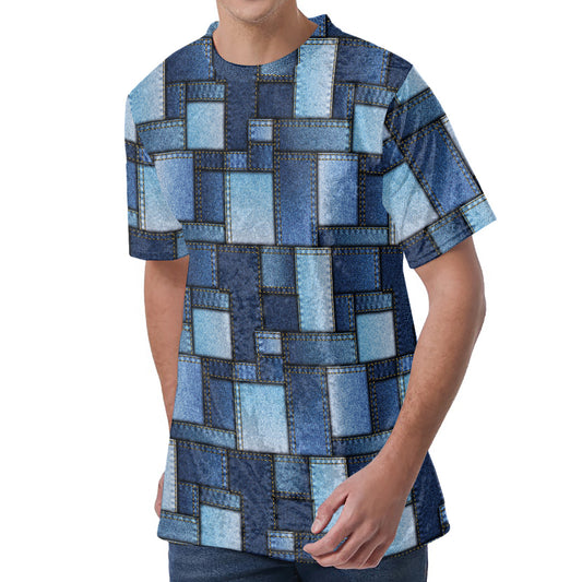 Blue Denim Patchwork Pattern Print Men's Velvet T-Shirt