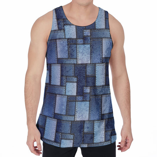 Blue Denim Patchwork Pattern Print Men's Velvet Tank Top