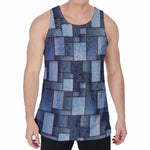 Blue Denim Patchwork Pattern Print Men's Velvet Tank Top