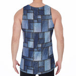 Blue Denim Patchwork Pattern Print Men's Velvet Tank Top