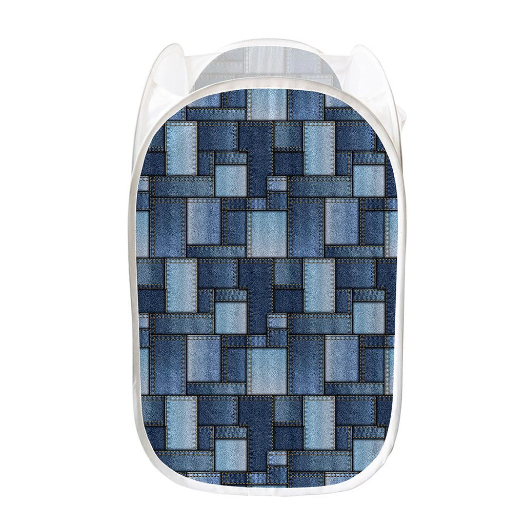 Blue Denim Patchwork Pattern Print Mesh Laundry Hamper