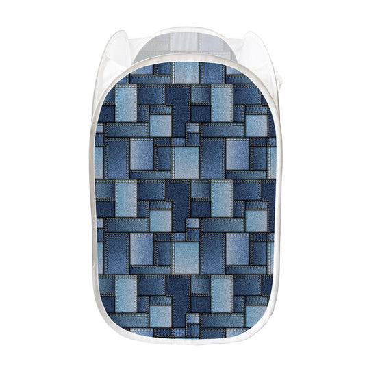 Blue Denim Patchwork Pattern Print Mesh Laundry Hamper
