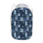 Blue Denim Patchwork Pattern Print Mesh Laundry Hamper