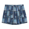 Blue Denim Patchwork Pattern Print Mesh Shorts