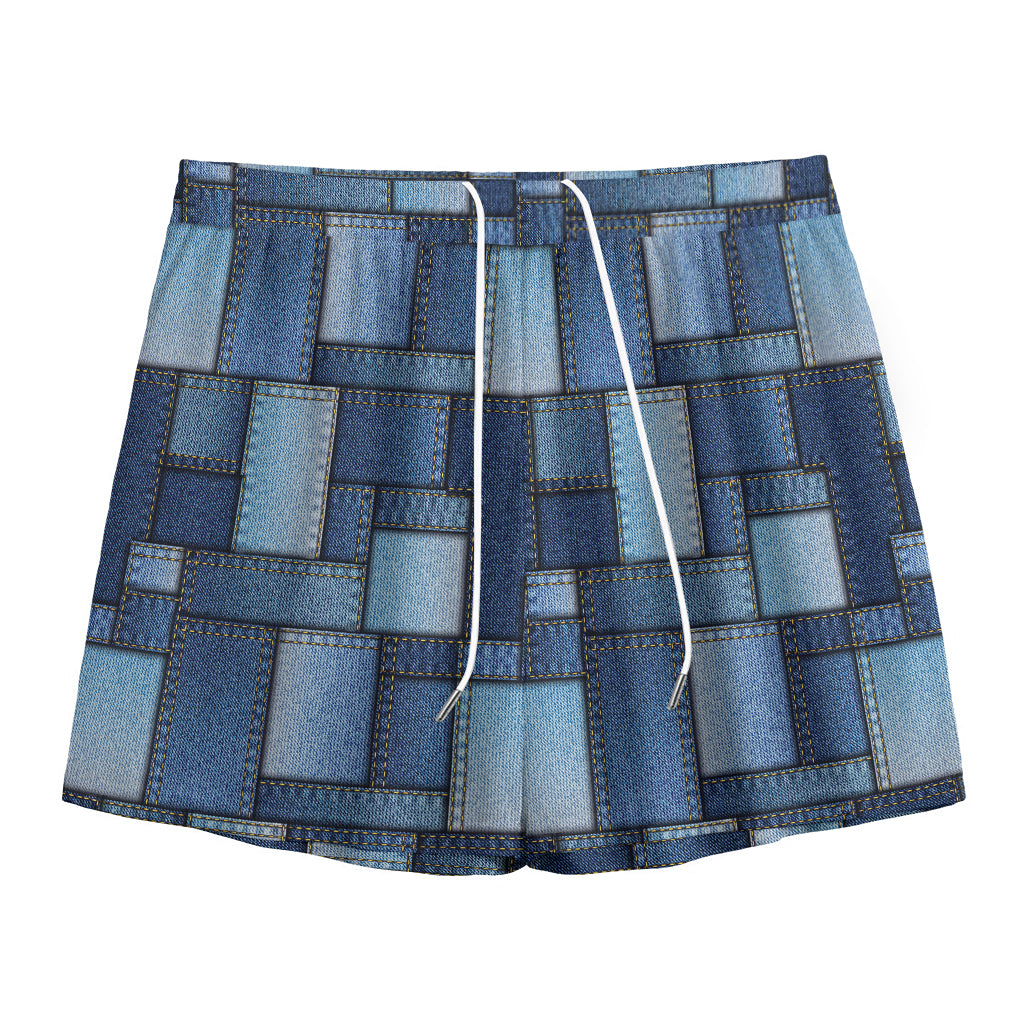 Blue Denim Patchwork Pattern Print Mesh Shorts