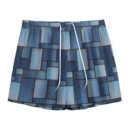 Blue Denim Patchwork Pattern Print Mesh Shorts