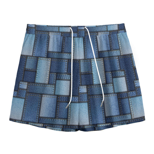 Blue Denim Patchwork Pattern Print Mesh Shorts