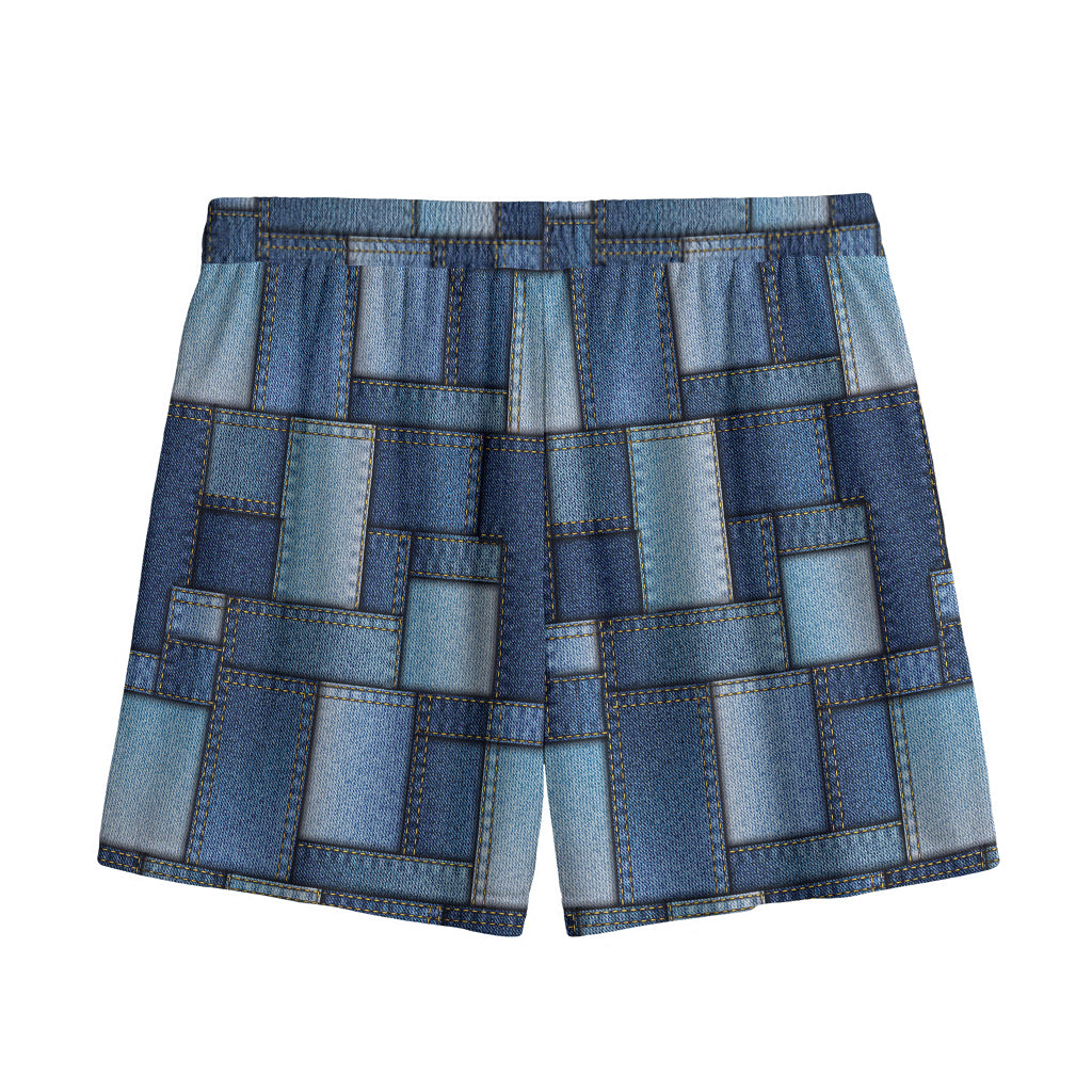 Blue Denim Patchwork Pattern Print Mesh Shorts