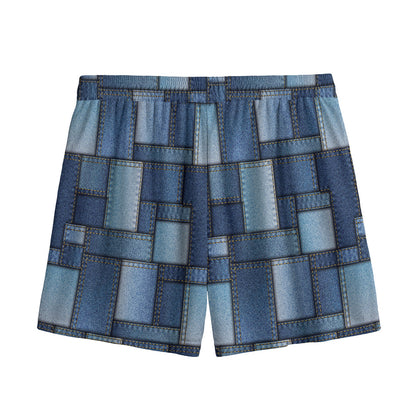 Blue Denim Patchwork Pattern Print Mesh Shorts