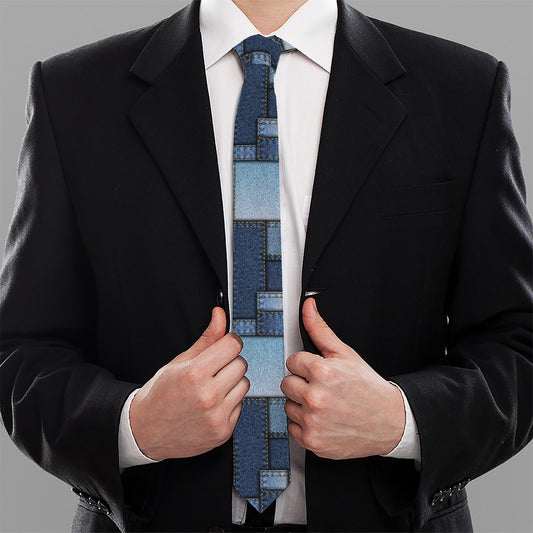 Blue Denim Patchwork Pattern Print Necktie