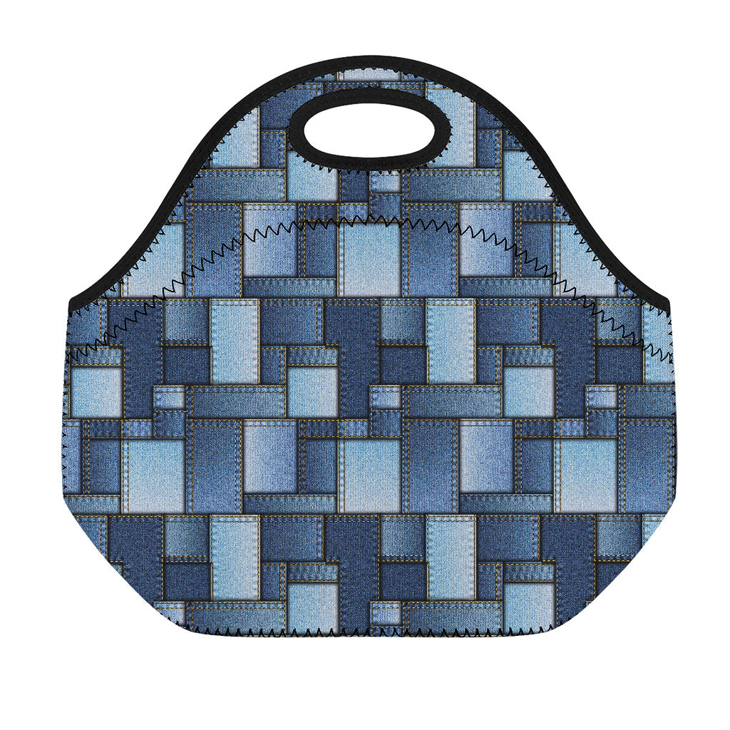 Blue Denim Patchwork Pattern Print Neoprene Lunch Bag