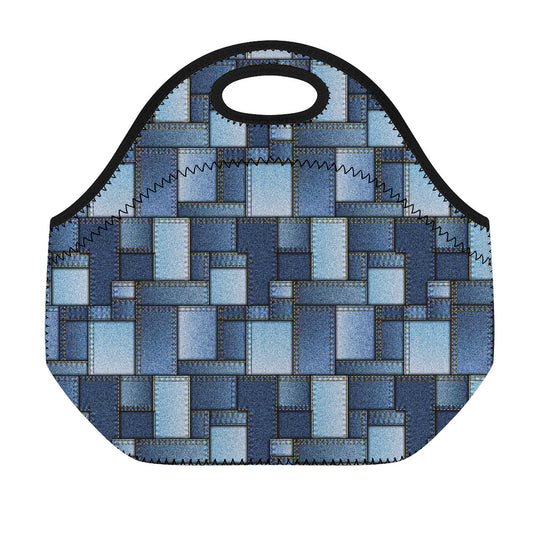 Blue Denim Patchwork Pattern Print Neoprene Lunch Bag