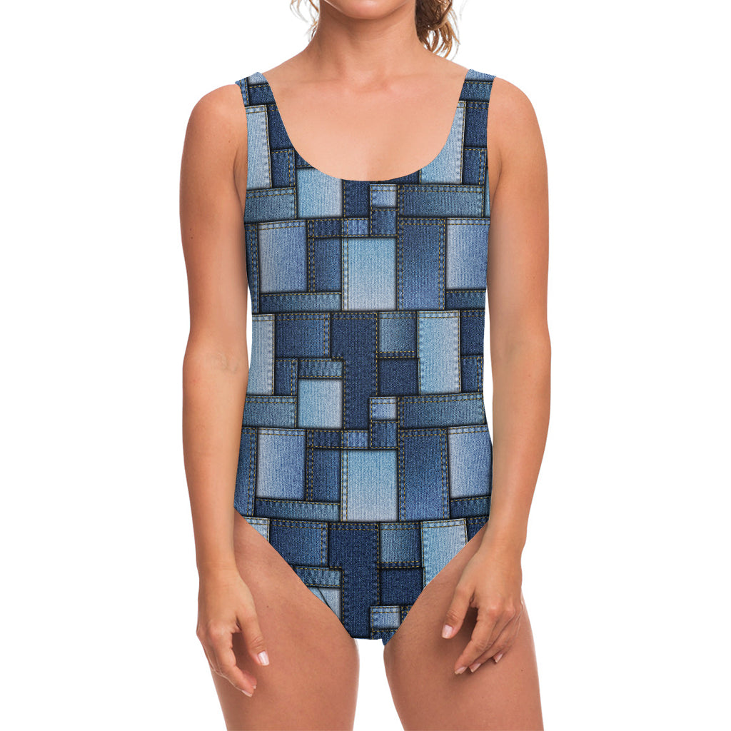 Blue Denim Patchwork Pattern Print One Piece Swimsuit