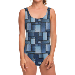 Blue Denim Patchwork Pattern Print One Piece Swimsuit