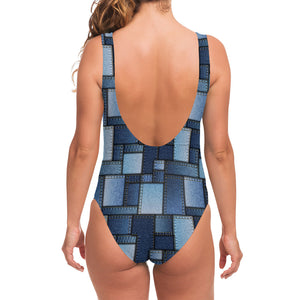 Blue Denim Patchwork Pattern Print One Piece Swimsuit