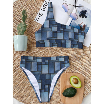 Blue Denim Patchwork Pattern Print One Shoulder Bikini Top