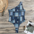 Blue Denim Patchwork Pattern Print One Shoulder Bodysuit