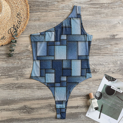 Blue Denim Patchwork Pattern Print One Shoulder Bodysuit