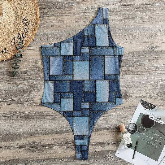 Blue Denim Patchwork Pattern Print One Shoulder Bodysuit