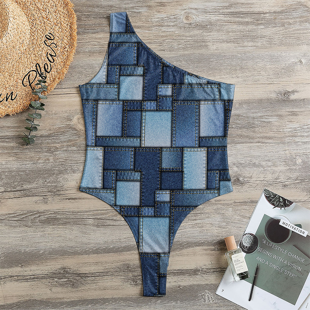 Blue Denim Patchwork Pattern Print One Shoulder Bodysuit