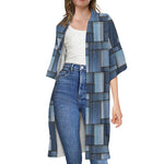 Blue Denim Patchwork Pattern Print Open Front Beach Cover Up