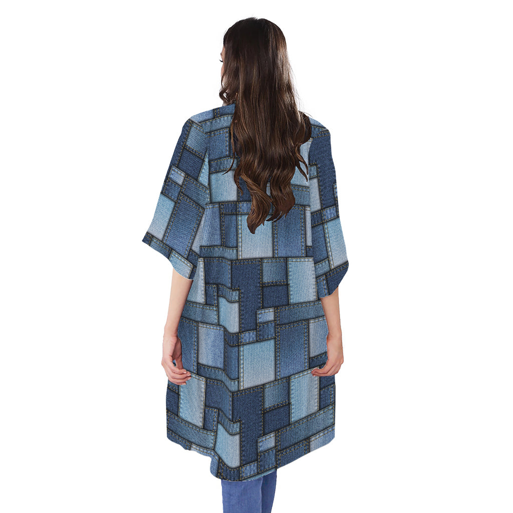 Blue Denim Patchwork Pattern Print Open Front Beach Cover Up