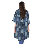 Blue Denim Patchwork Pattern Print Open Front Beach Cover Up