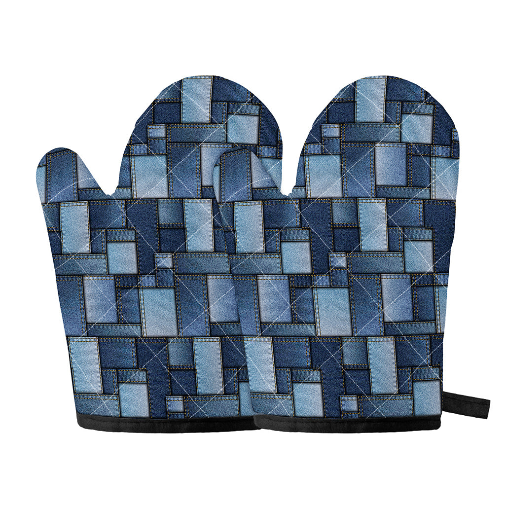 Blue Denim Patchwork Pattern Print Oven Mitts