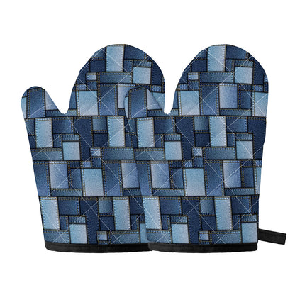 Blue Denim Patchwork Pattern Print Oven Mitts