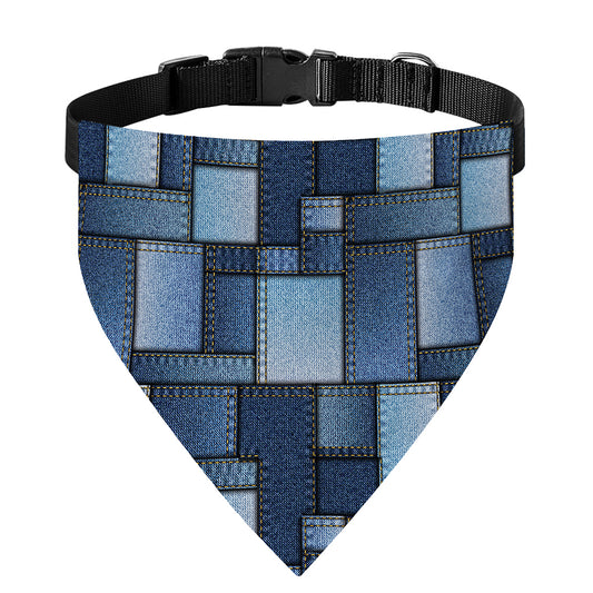 Blue Denim Patchwork Pattern Print Over The Collar Dog Bandana