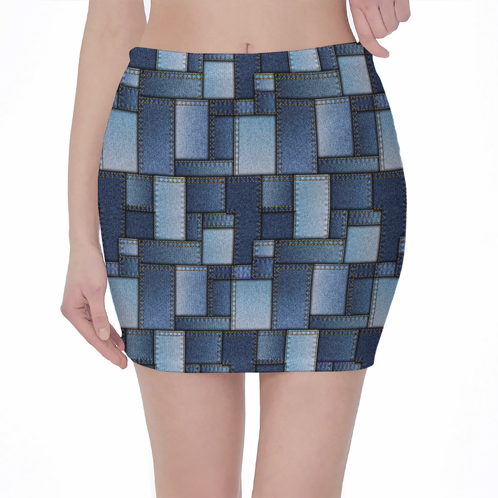 Blue Denim Patchwork Pattern Print Pencil Mini Skirt