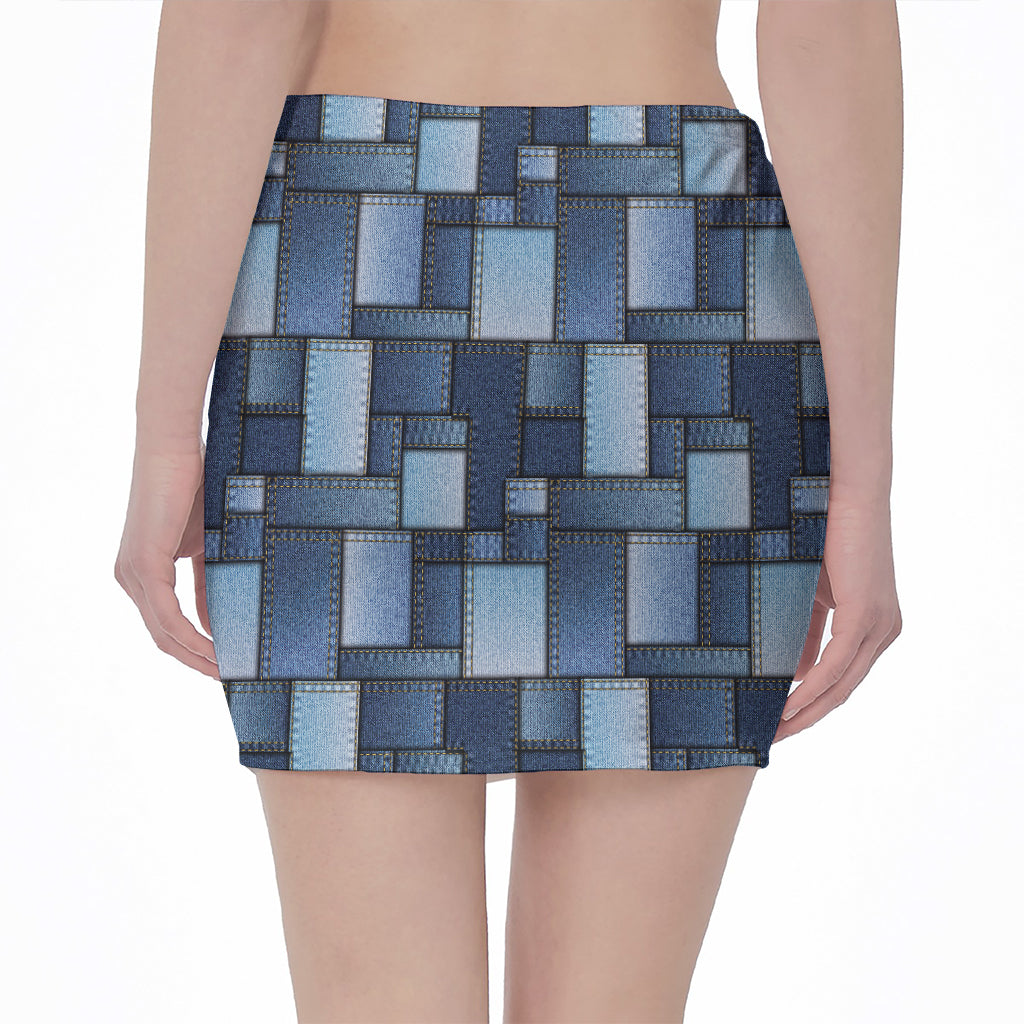 Blue Denim Patchwork Pattern Print Pencil Mini Skirt
